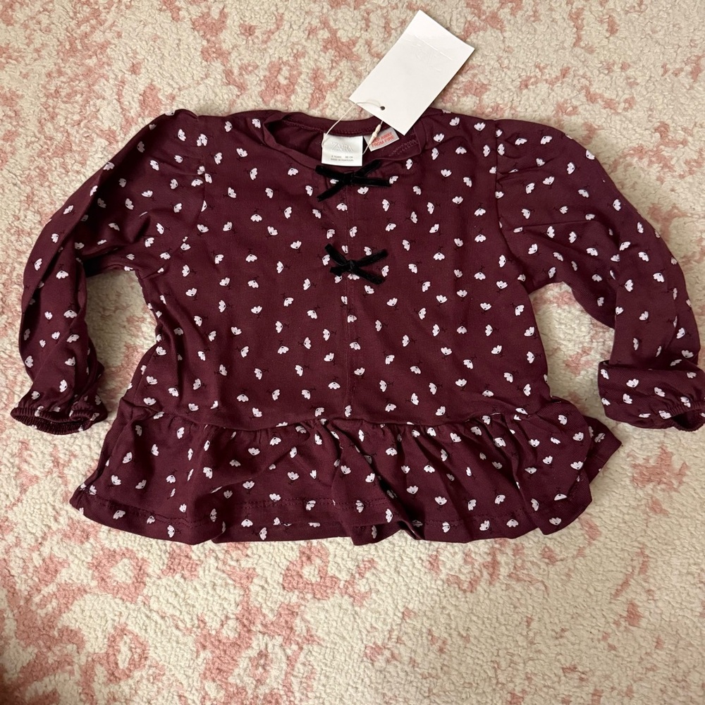 NWT Zara Girls Velvet Bow Floral Top size 2 Years